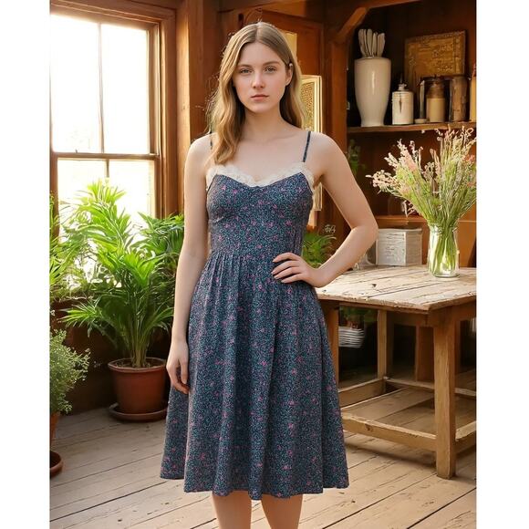 Vintage Candi Jones Micro Floral Sweetheart Dress Eyelet Lace Ruffle Cami Strap - Picture 3 of 16